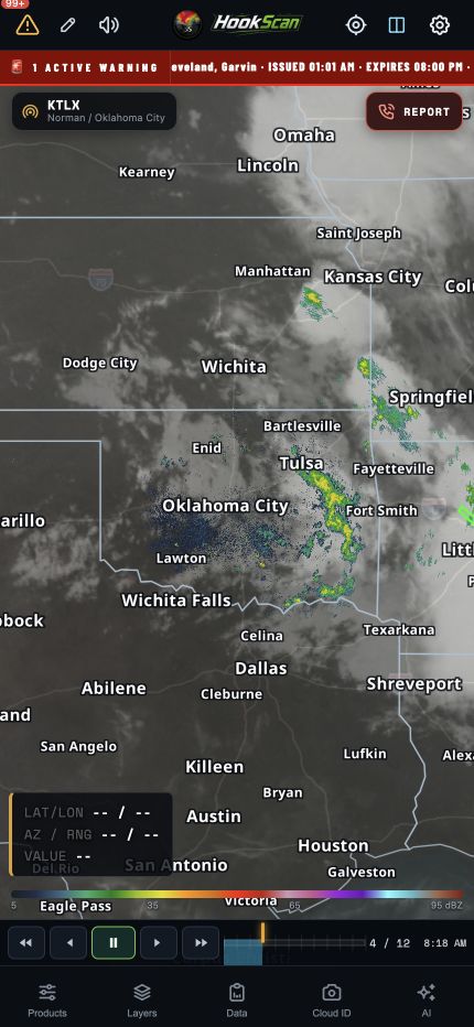 Complete HookScan phone screen with GOES-19 longwave infrared satellite imagery on the map