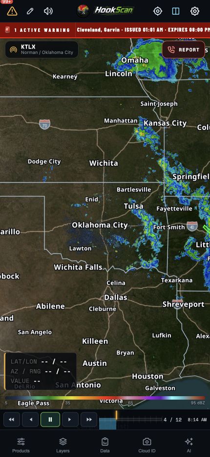Complete HookScan phone screen with the national NOAA MRMS radar layer on the map
