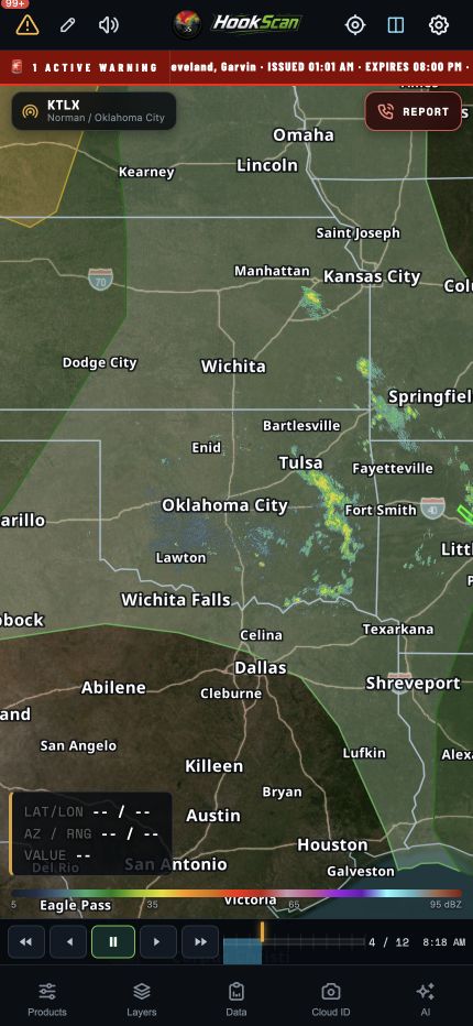 Complete HookScan phone screen with the official Storm Prediction Center severe-weather outlook on the map