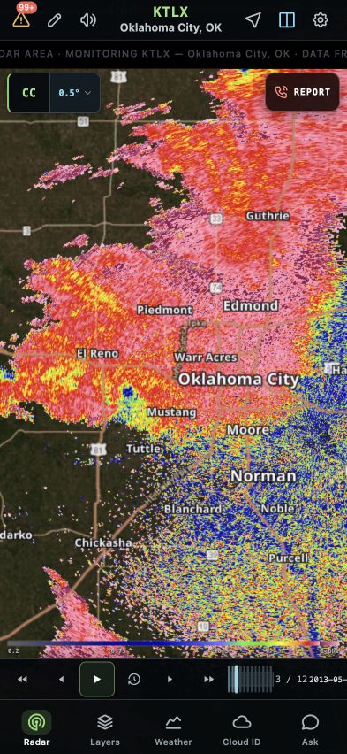 Archived correlation coefficient during the El Reno tornado event in the current HookScan interface