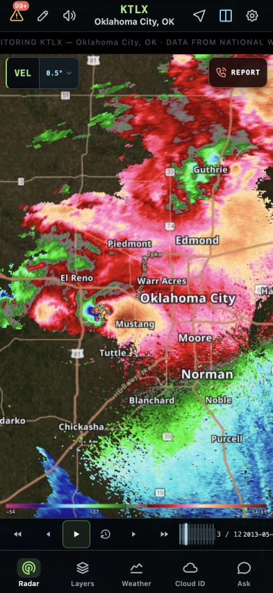 Archived Doppler velocity during the El Reno tornado event in the current HookScan interface