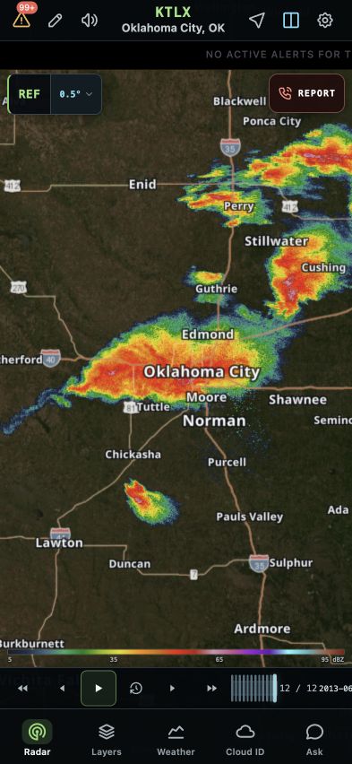 Wider archived severe-weather radar view across central Oklahoma in the current HookScan interface